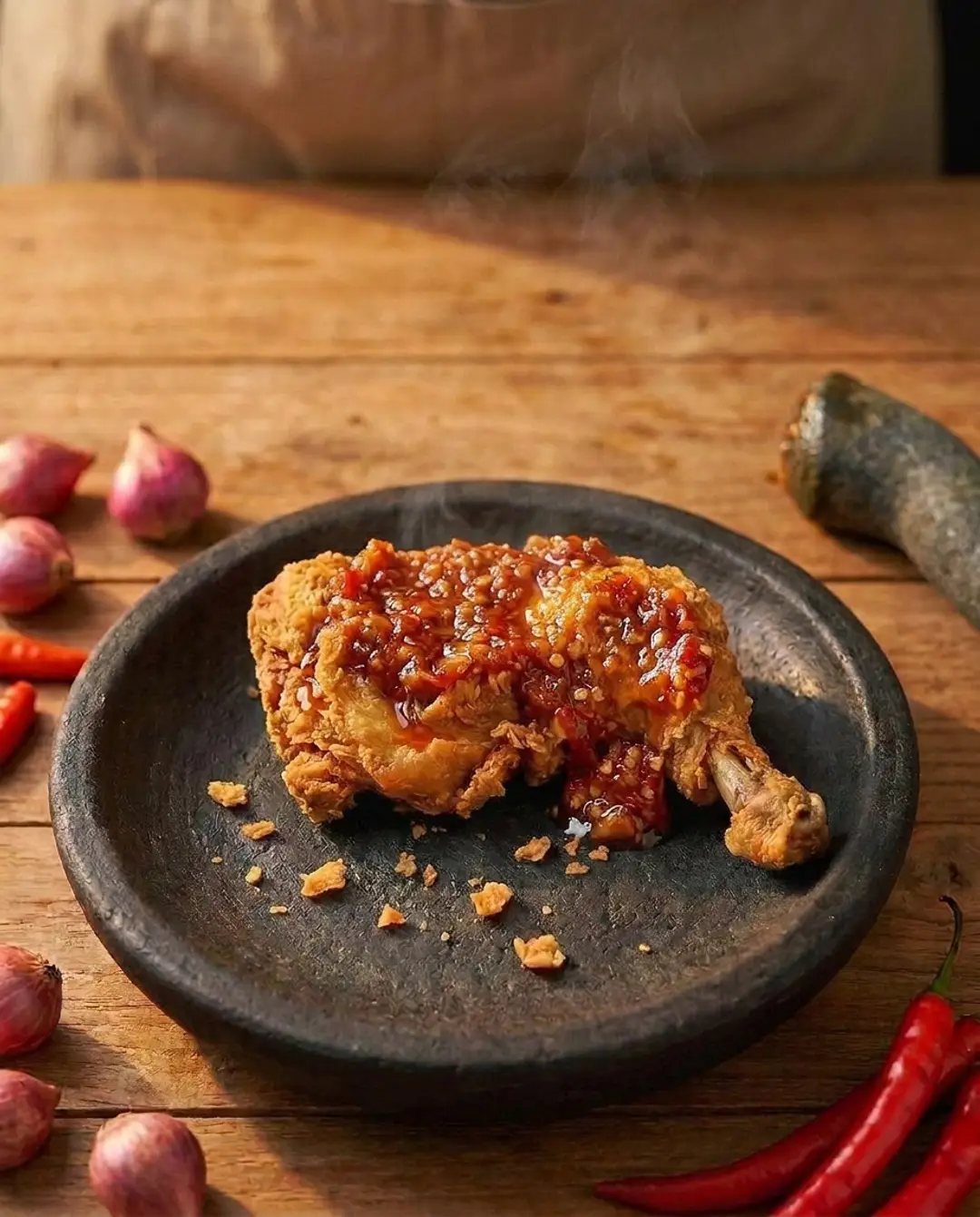 Ayam geprek bertulang bersalut sambal berkilat di atas cobek batu, wap naik, hidangan I Am Geprek Bensu